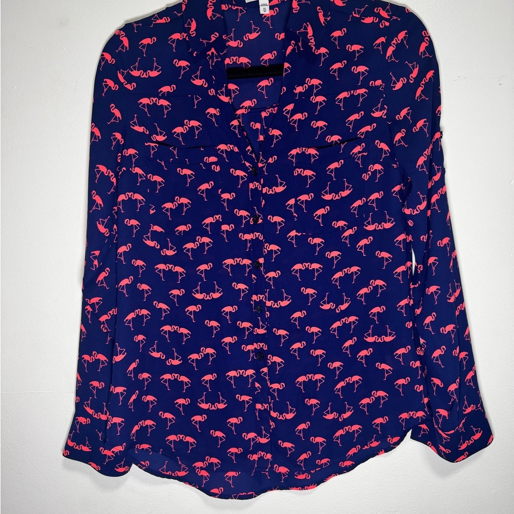Express Portofino Flamingo Print Blouse XS | Navy Pink Button Front - Picture 3 of 6